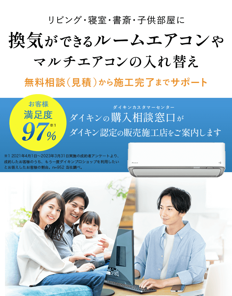 リビング・寝室・書斎・子供部屋に換気ができるルームエアコンやマルチエアコンの入れ替え無料相談（見積）から施工完了までサポート お客様満足度97%※1 ダイキンの購入相談窓口（ダイキンカスタマーセンター）がダイキン認定の販売施工店をご案内します ※1 2021年4月1日～2023年3月31日実施の成約者アンケートより、成約したお客様のうち、もう一度ダイキンプロショップを利用したいとお答えしたお客様の割合。n=952 当社調べ。